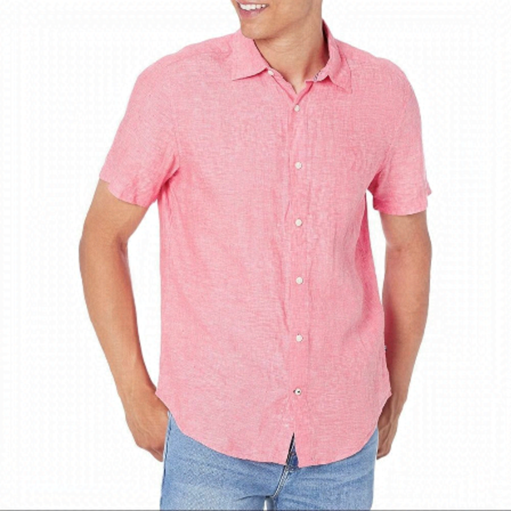 𝅺NAUTICA 100% Linen Pink Classic Button Down Short Sleeve Shirt Size M